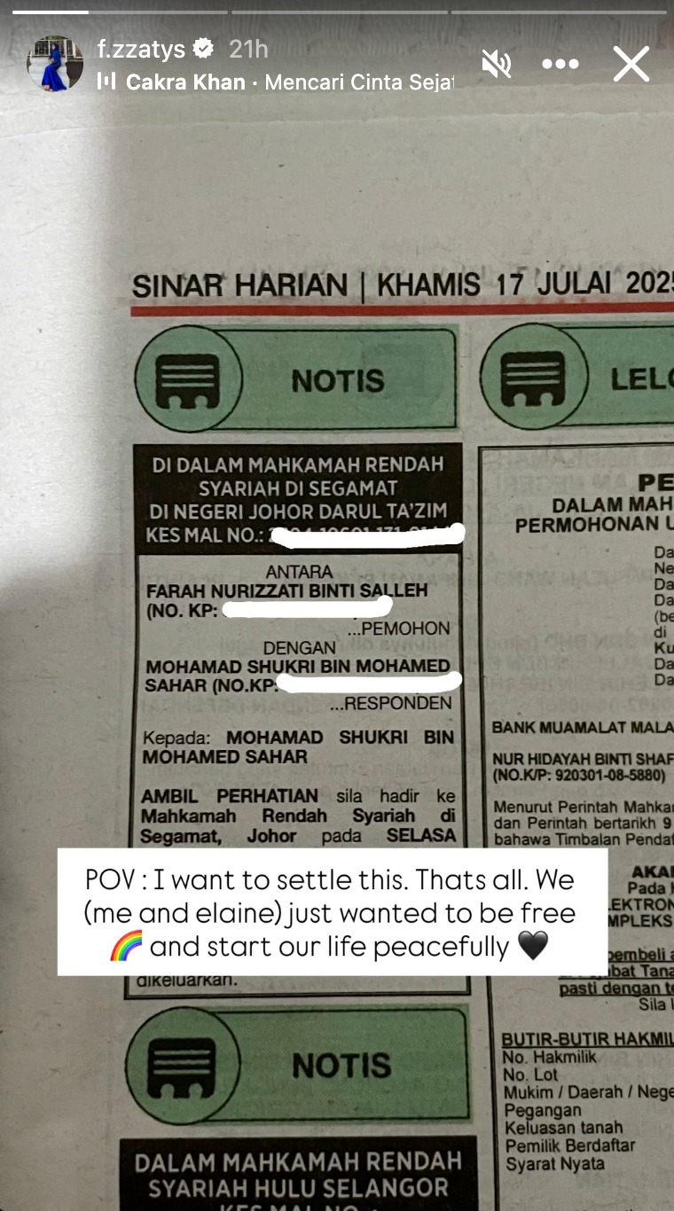 fara salleh upload notis mahkamah
