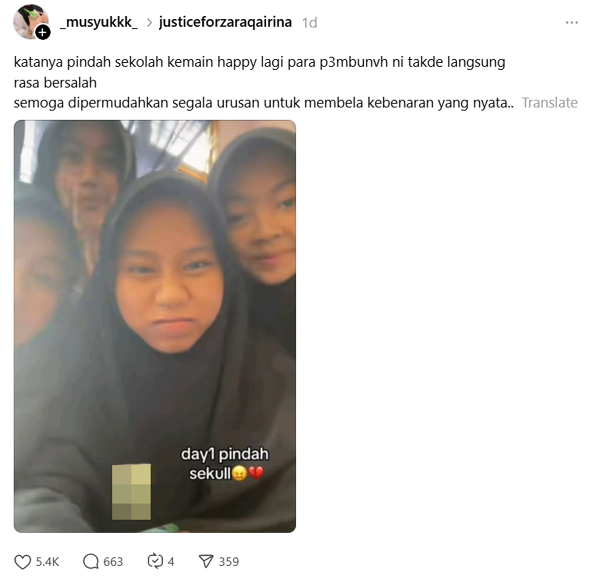 pembuli Zara Qairina pindah sekolah