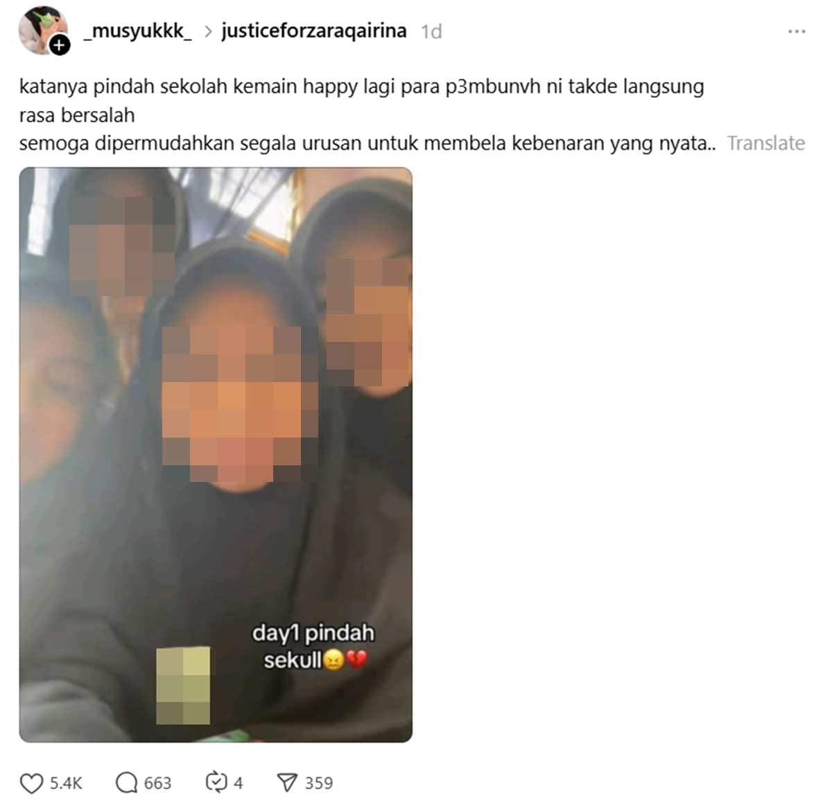 pembuli Zara Qairina dah pindah sekolah