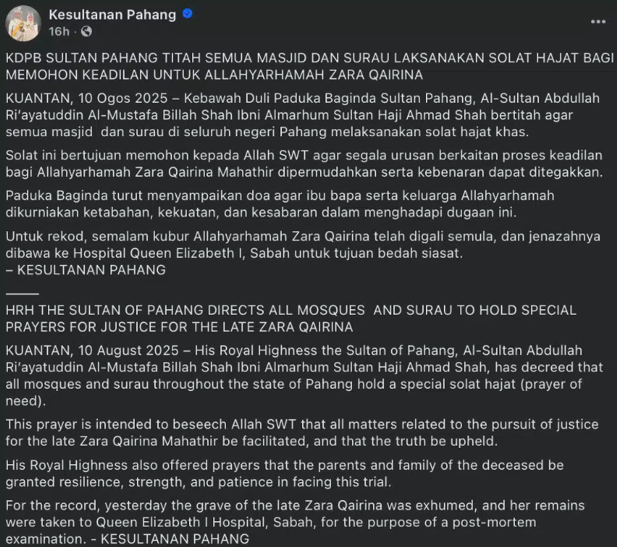 sultan pahang titah solat hajat untuk zara