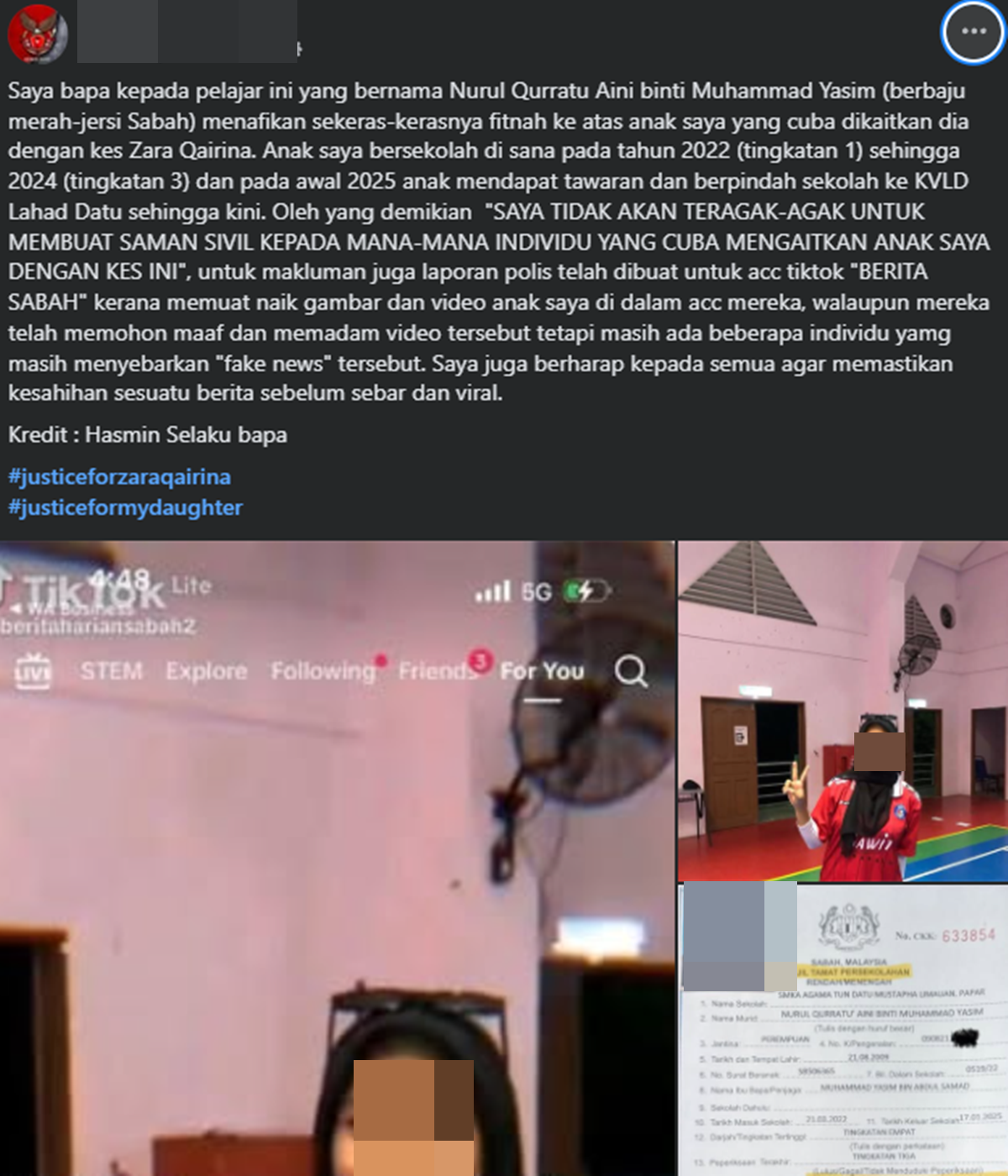 bapa pelajar dituduh terlibat kes zara qairina