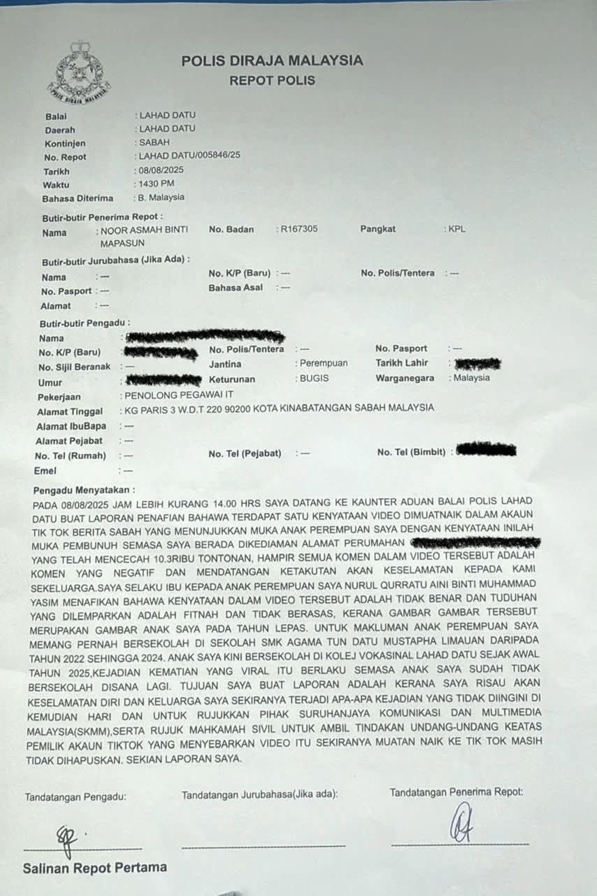 bapa pelajar dituduh terlibat kes zara qairina