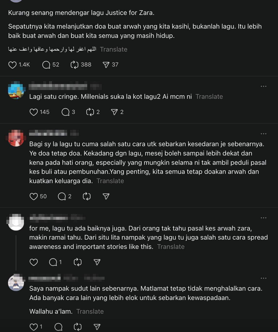 pendakwah komen lagu justice for zara qairina