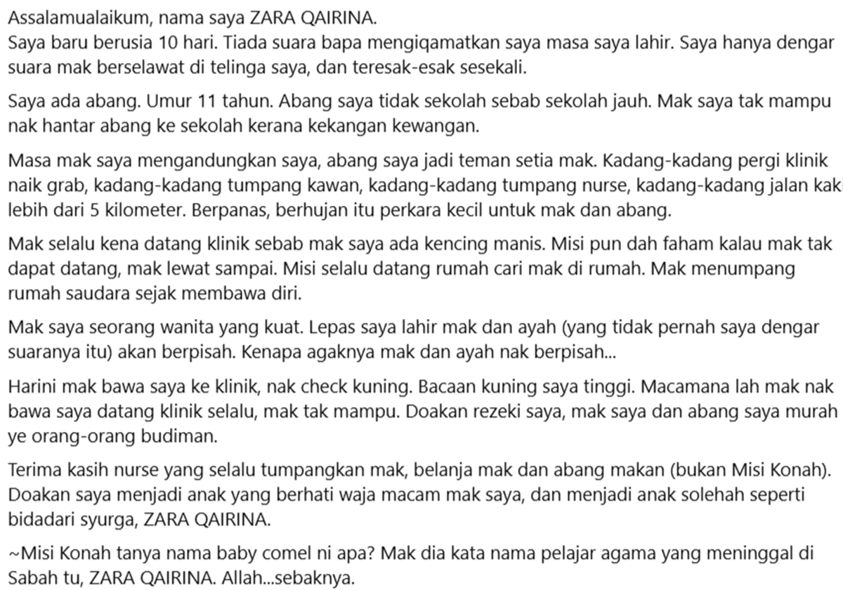 Bayi baru lahir diberi nama Zara Qairina