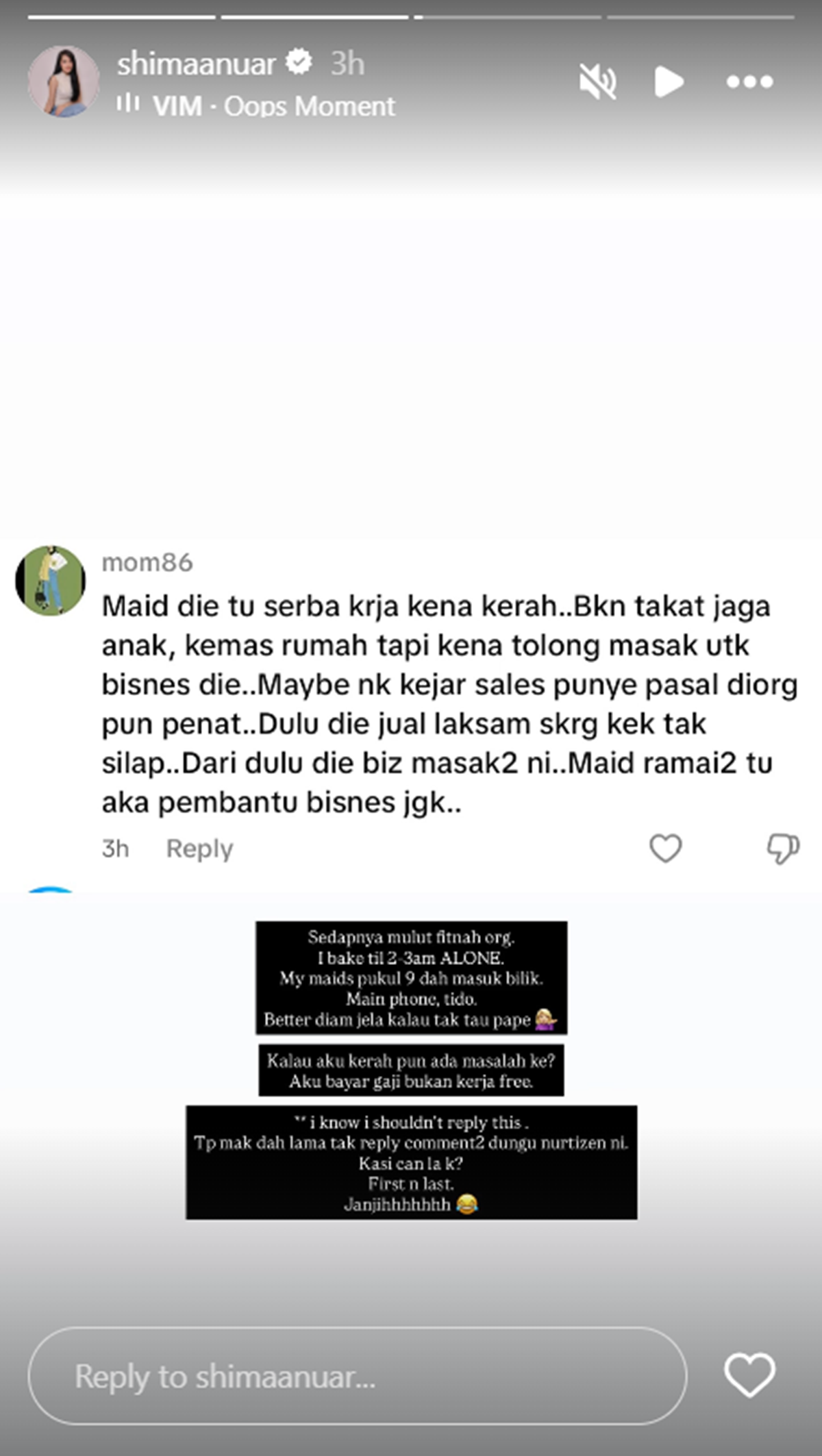 Instagram story Shima Anuar