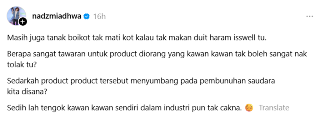 nadzmi adhwa condemn rakan artis