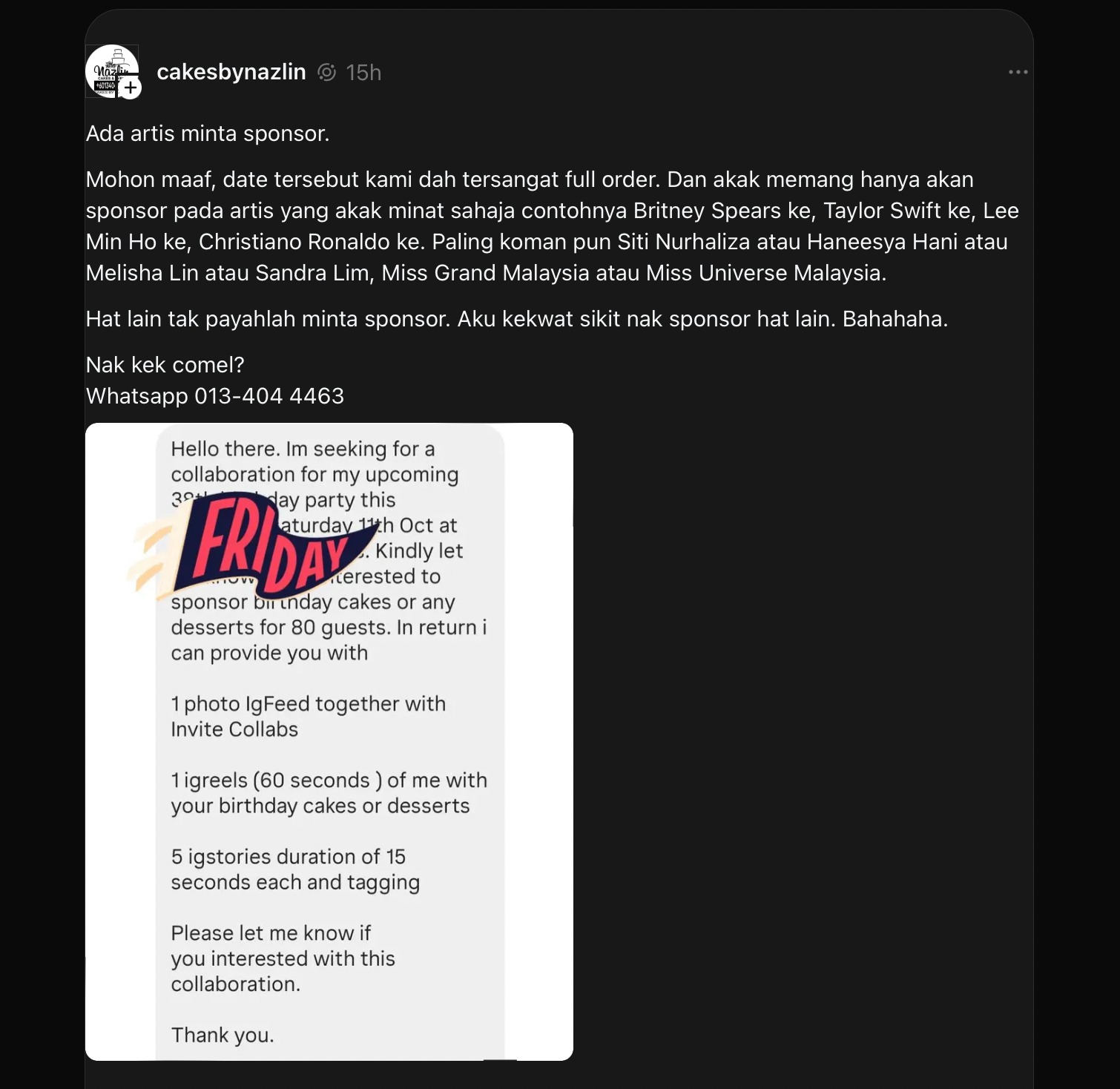 Artis minta sponsor kek