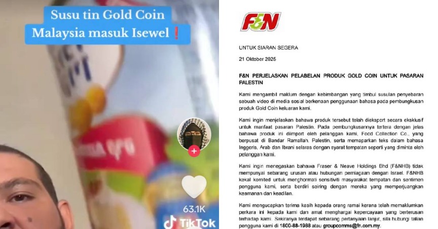 Fraser & Neave (F&N) Jelaskan Isu Tulisan Ibrani Pada Tin Susu Gold Coin, Produk Dieksport Ke Palestin, Bukan Isra*l