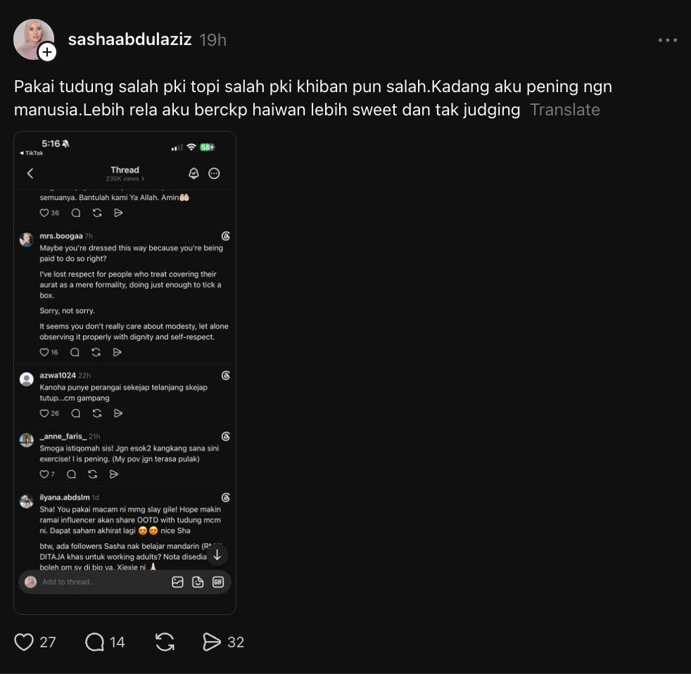 “Baik Aku Cakap Dengan Haiwan” – Sasha Aziz Berang Netizen Pertikai Dirinya Pakai Khiban