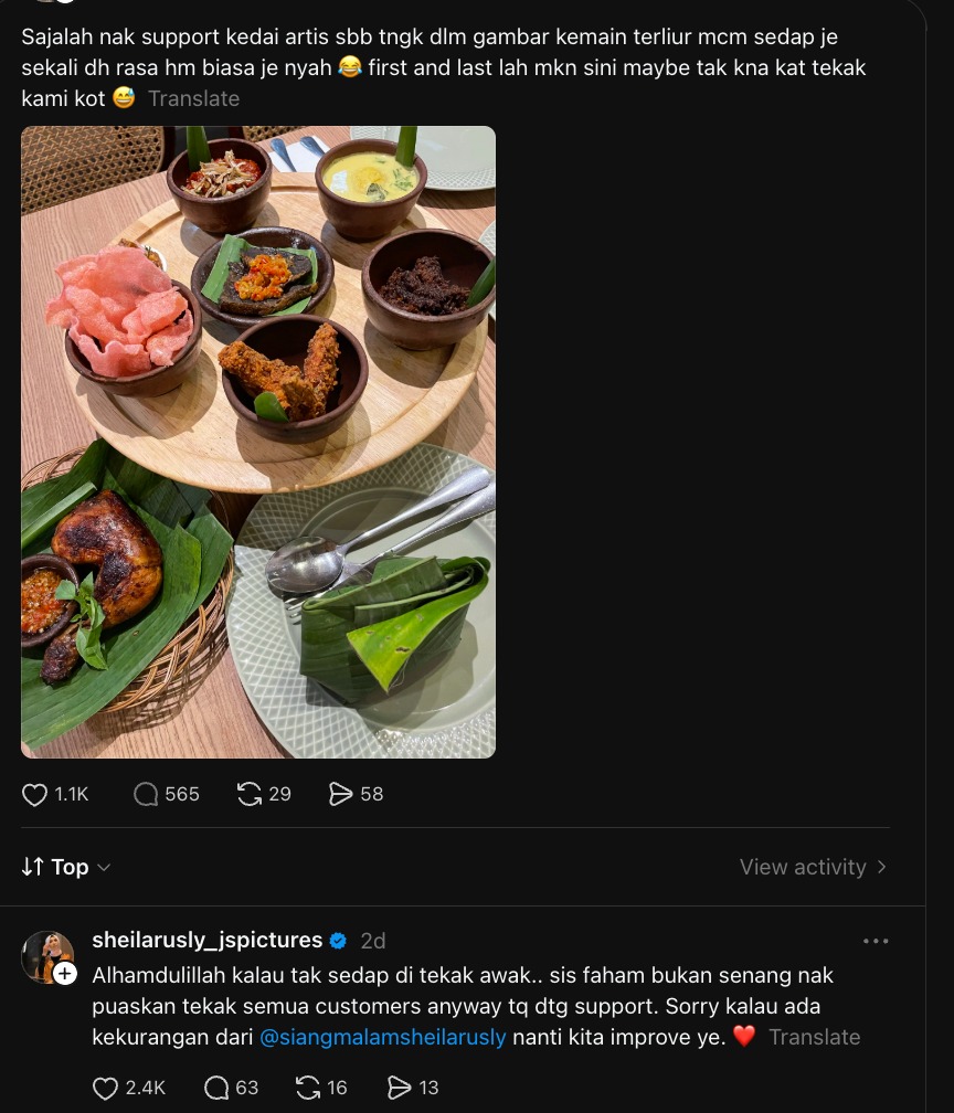 First And Last Lah Makan Sini  Individu Kongsi Pengalaman Makan Di Restoran Sheila Rusly, Respon