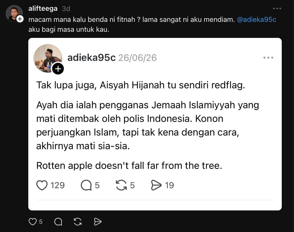 Ayah Dia Tu Pengganas, Anak Scam Duit Orang  Aisyah Hijanah Dihina, Alif Teega Tidak Akan Berdi