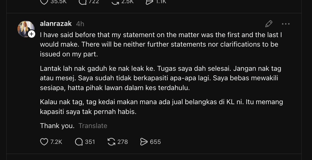 “Lantak Lah Nak Gaduh Ke Nak ‘Leak’ Ke, Tugas Saya Dah Selesai” – Peguam Alan Razak Mewakili Emira Delyati Dewi