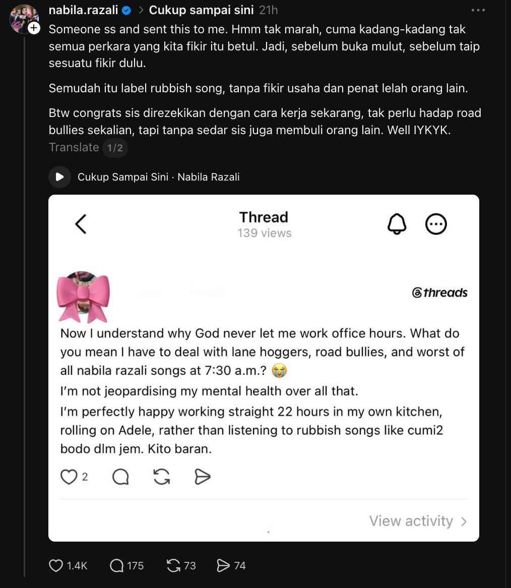 “Sebelum Buka Mulut, Fikir Dulu” – Nabila Razali Balas Individu Label Lagunya ‘Rubbish Song’