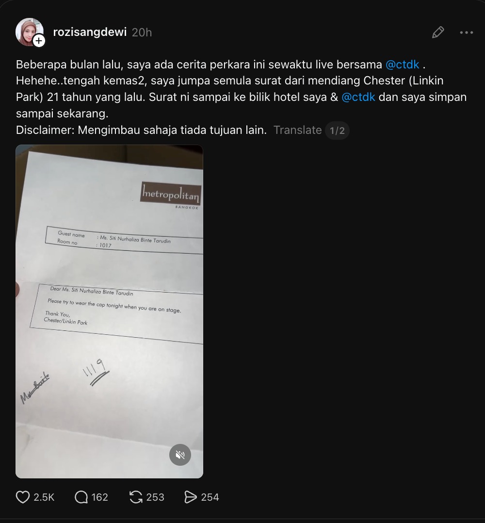 Surat Chester Bennington Kepada Siti Nurhaliza Ditemui Semula Selepas 21 Tahun