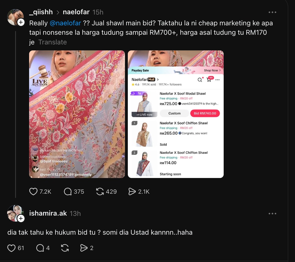 Tudung Naelofar Dibida Sampai RM700+, Netizen Pertikai Konsep Jualan  Takkan Ustaz Haris Tak Tegur