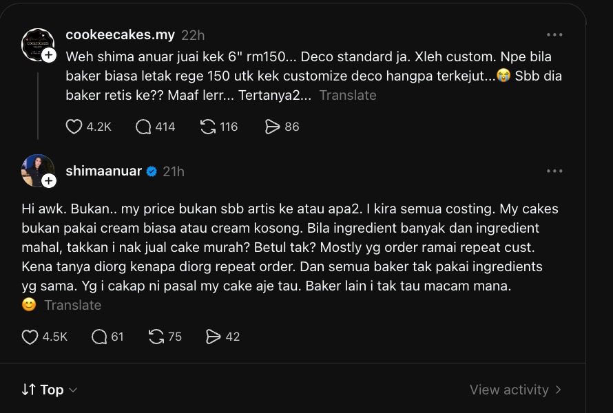 Harga Saya Bukan Sebab Artis  Shima Anuar Pertahan Harga Kek RM150, Dakwa Guna Bahan Berkualiti T