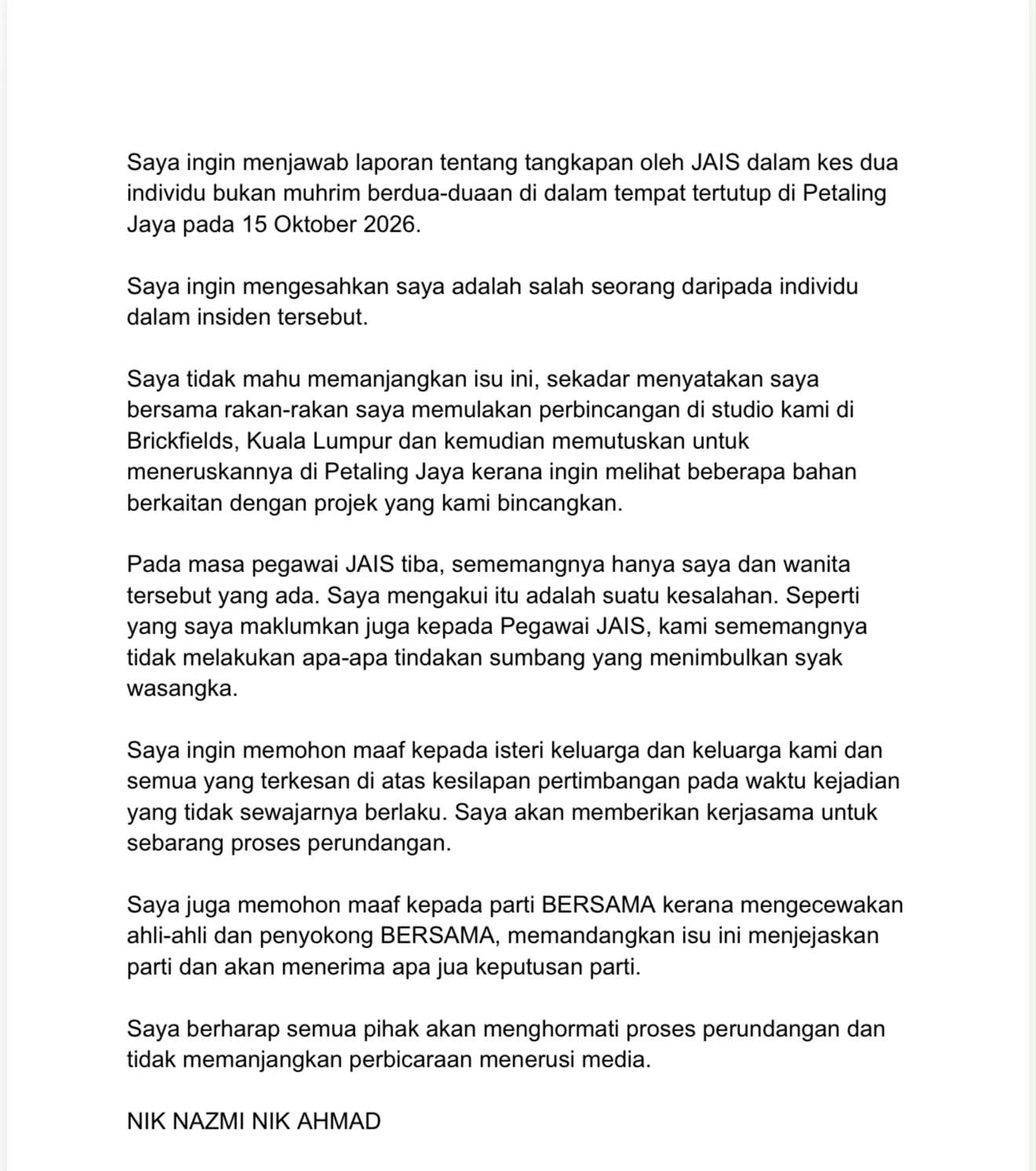 Nik Nazmi Akui Individu Ditahan JAIS, Mohon Maaf Kepada Isteri, Keluarga Dan Parti