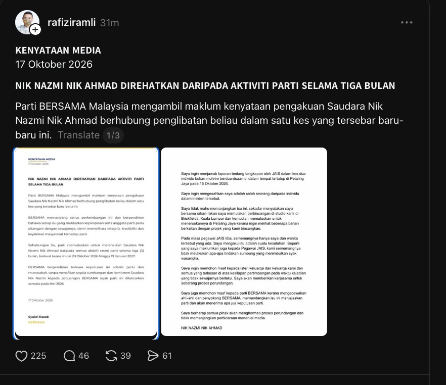 Nik Nazmi Direhatkan Daripada Aktiviti Parti BERSAMA Selama Tiga Bulan