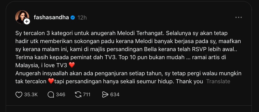 Fasha Sandha Tak Hadir Anugerah Melodi Terhangat, Pilih Hadir Majlis Persandingan Bella Astillah
