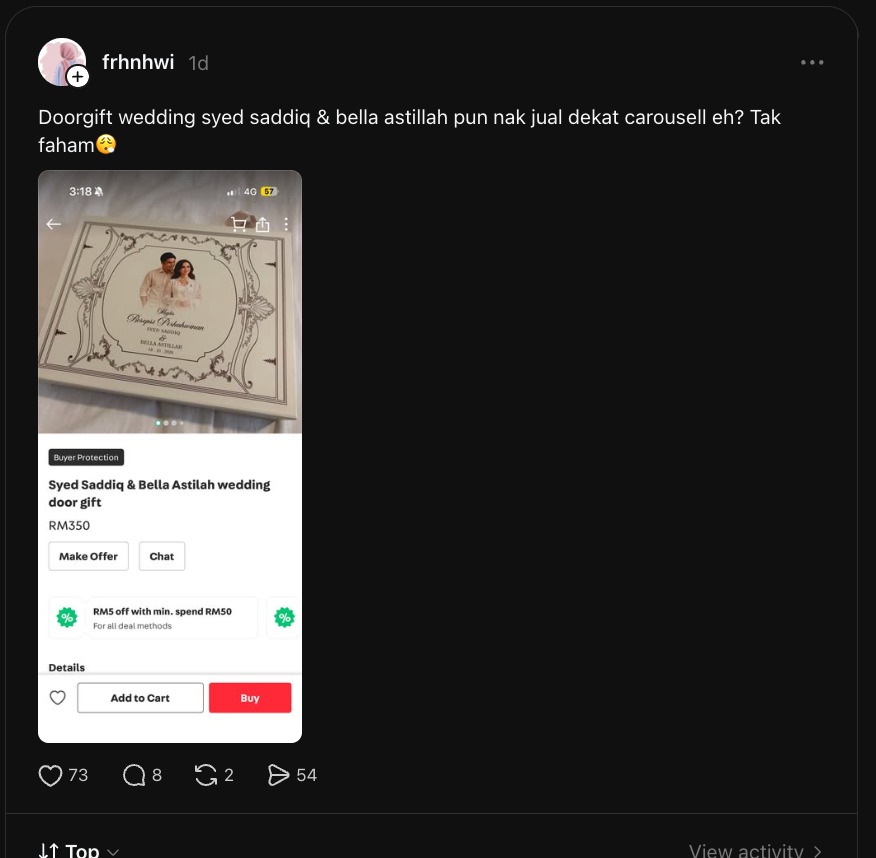 “Mahal Nak Mamp*s” – ‘Doorgift’ Majlis Kahwin Syed Saddiq Dan Bella Astillah Mula Dijual Dengan Harga RM350