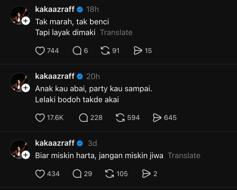 “Anak Kau Abai, Party Kau Sampai” – Kaka Azraff Luah Perasaan Di Threads